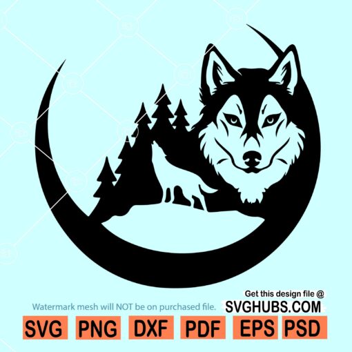 Howling wolf SVG file, Wolf and the moon SVG, celestial wolf svg, wolf and the mountains SVG