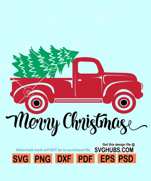 Merry Christmas truck with tree SVG, Red Christmas truck svg, Merry Christmas SVG, Vintage Christmas truck svg