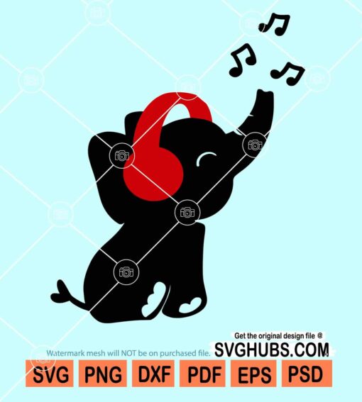 Baby elephant wearing headphones svg