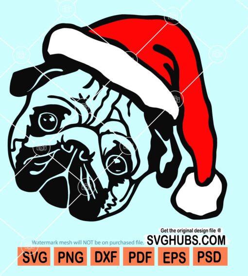 Santa pug svg, Christmas dog with santa hat svg, santa pug face svg ...