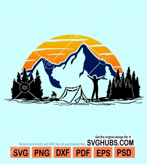 Mountain camping sunset svg