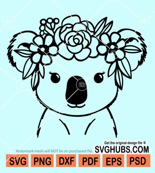 Koala with Flower Crown Svg, Floral koala svg, Koala Svg file, Koala cut file, Cute Koala Bear Svg file