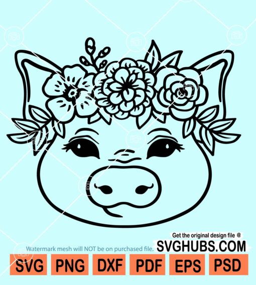 Pig with flower crown SVG, pig with flowers svg, floral pig svg, pig head svg file
