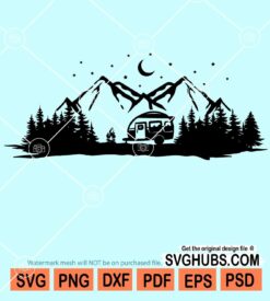 Camper trailer in forest mountain scene svg