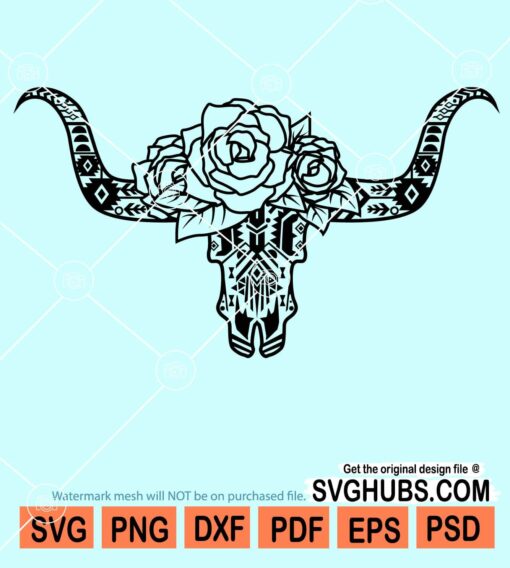 Cow skull with aztec pattern and roses svg