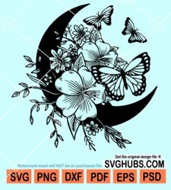 Crescent moon with flowers and butterflies svg