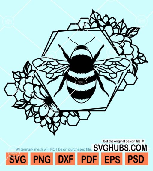 Floral bee hexagonal frame svg