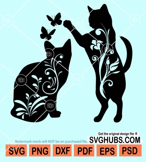 Floral cats with butterflies svg