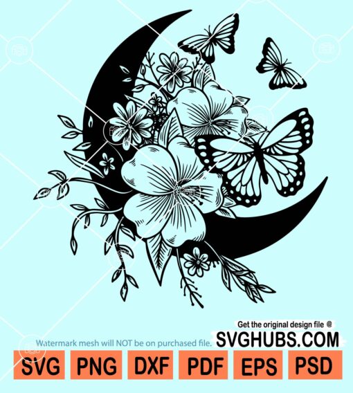Floral crescent moon with butterflies svg