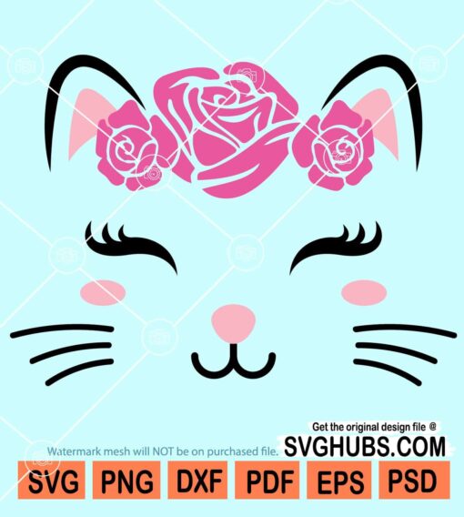 Happy cat face with roses svg