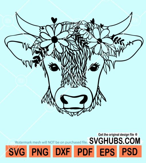 Highland cow floral crown svg