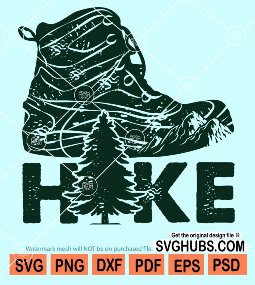 Hike boot with mountains and pine tree svg