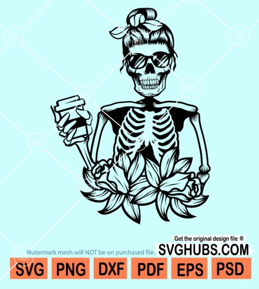 Messy bun skeleton holding coffee mug svg