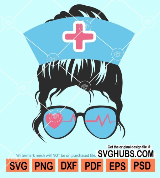 Messy bun with heartbeat sunglasses and nurse hat svg