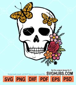 Skull with flowers and butterfly svg