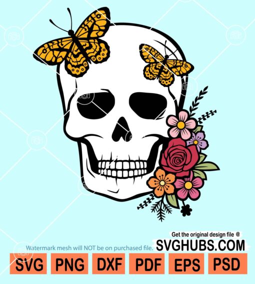 Skull with flowers and butterfly svg