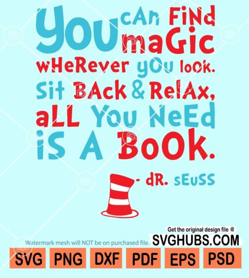 You can find magic wherever you look Sit back and relax All you need is a book Dr. Seuss svg