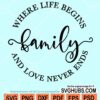 Family where life begins and love never ends svg