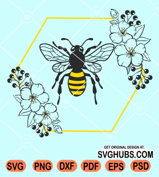 Floral bumble bee hexagonal frame svg