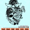 Floral messy bun skull with butterfly svg