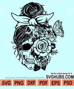 Floral messy bun skull with butterfly svg