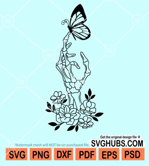 Floral skeleton hand with butterfly svg