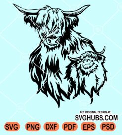 Highland cow mom with baby cow svg