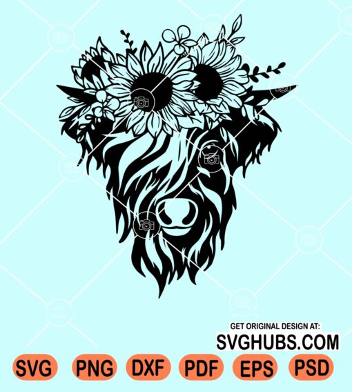 Highland cow with sunflower svg