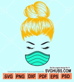 Messy bun girl with face mask svg