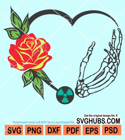 Radiology tech heart with skeleton hand and rose flower svg