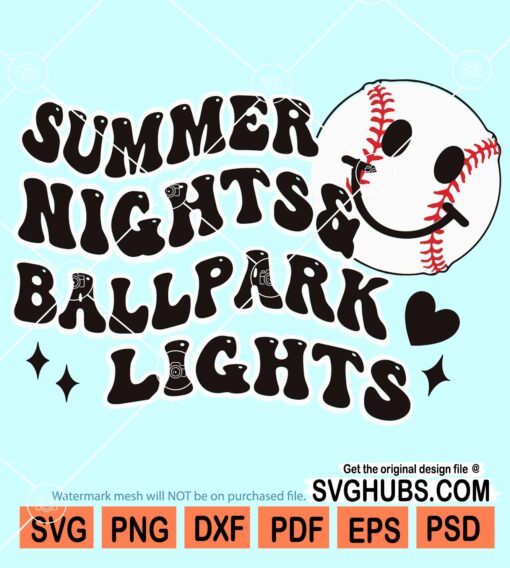 Summer nights and ballpark lights wavy text svg