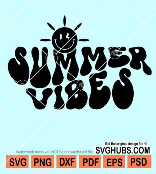 Summer vibes wavy text with sunshine smiley face svg