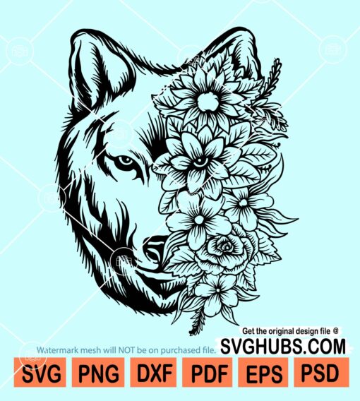 Wolf with flowers svg