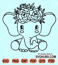 Baby elephant with floral crown svg