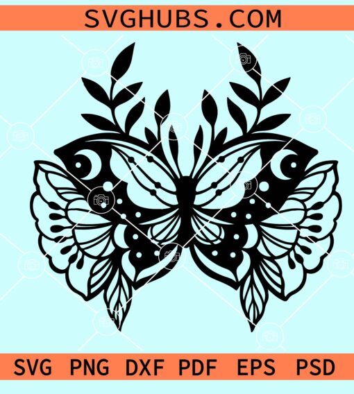 Boho Butterfly SVG with Florals and Crescent Moon svg