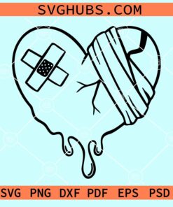 Broken dripping heart with bandage and stitches svg