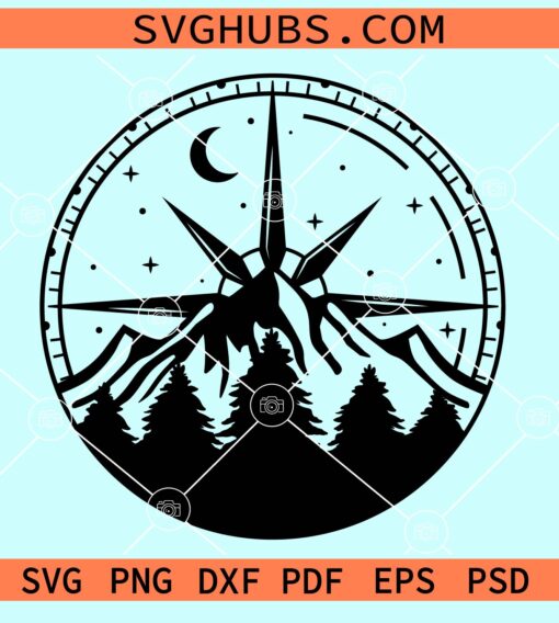 Compass with mountain forest scenery svg, Adventure SVG, Mountain SVG ...