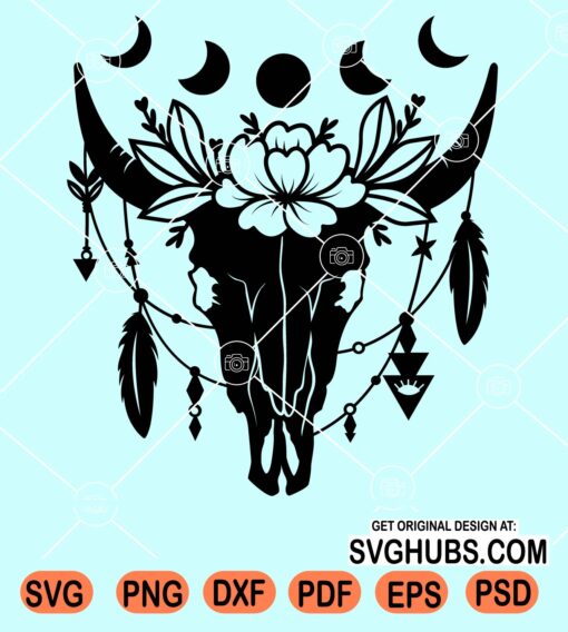 Floral cow skull with moon phases svg