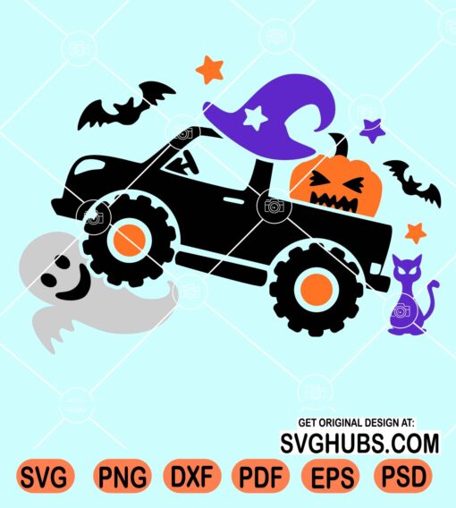 Halloween truck with witch hat svg