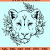 Lioness head with flowers SVG, Floral lion svg, Lion head with flower crown svg