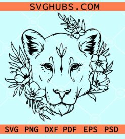 Lioness head with flowers SVG, Floral lion svg, Lion head with flower crown svg
