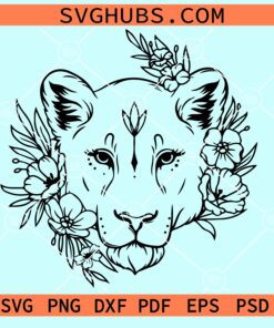Lioness head with flowers SVG, Floral lion svg, Lion head with flower crown svg