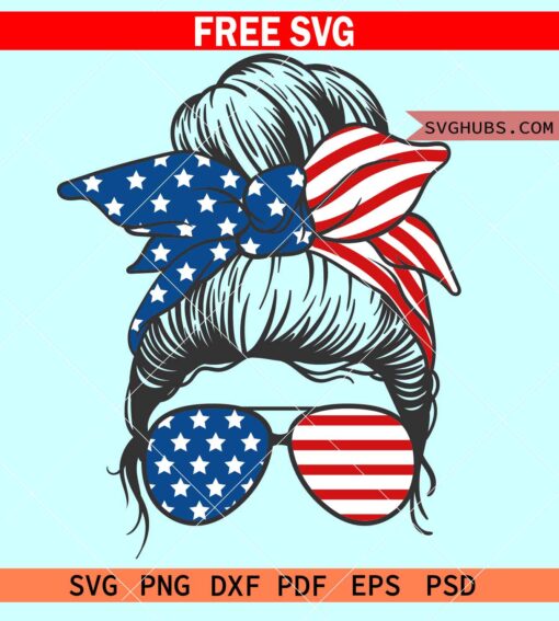 Patriotic Messy bun svg free, 4th of July Messy Bun Hair SVG, Patriotic Mom Headband svg