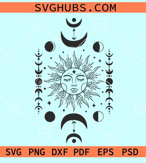 Sun and moon mystical svg, Mystical sun mandala SVG, Mystical SVG, sun and crescent moon svg