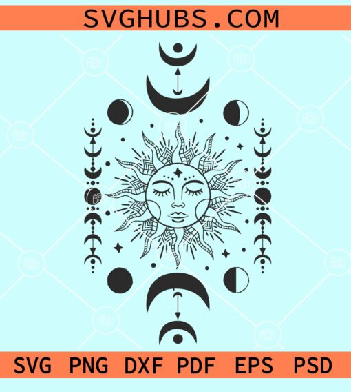 Sun and moon mystical svg, Mystical sun mandala SVG, Mystical SVG, sun and crescent moon svg