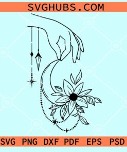 Witch hand holding floral moon svg