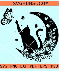 Cat with butterfly on floral moon svg