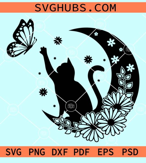 Cat with butterfly on floral moon svg, Celestial cat svg, Butterfly ...