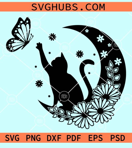 Cat with butterfly on floral moon svg