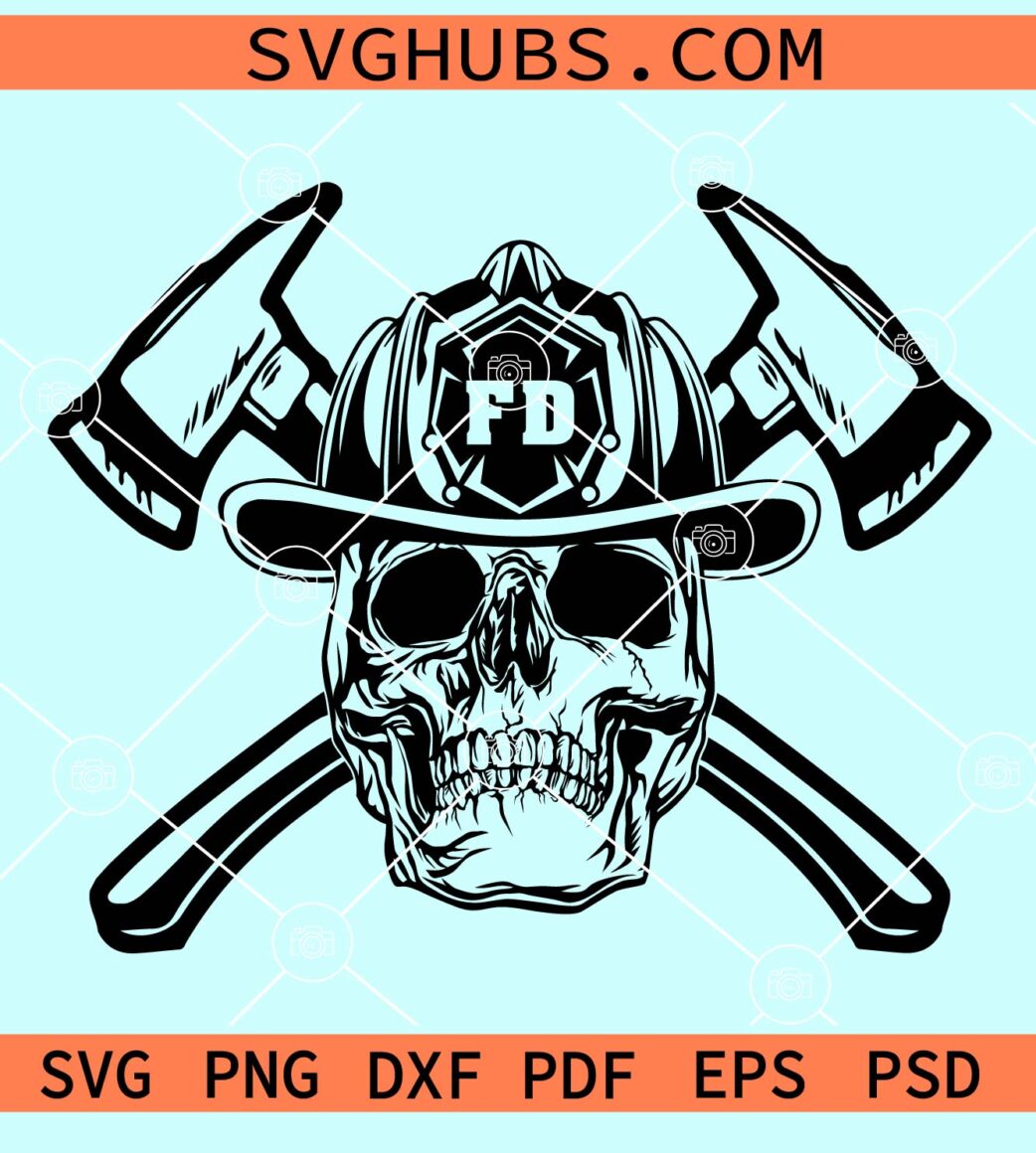 Fire fighter skull with crossed axes svg, Firefighter Skull Svg ...